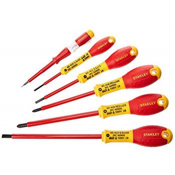 Juego Destornilladores Electricista 1000V Aislados. Certficado por la VDE con agarre ergonomico, forma SL-PH y buscapolos. stanley
